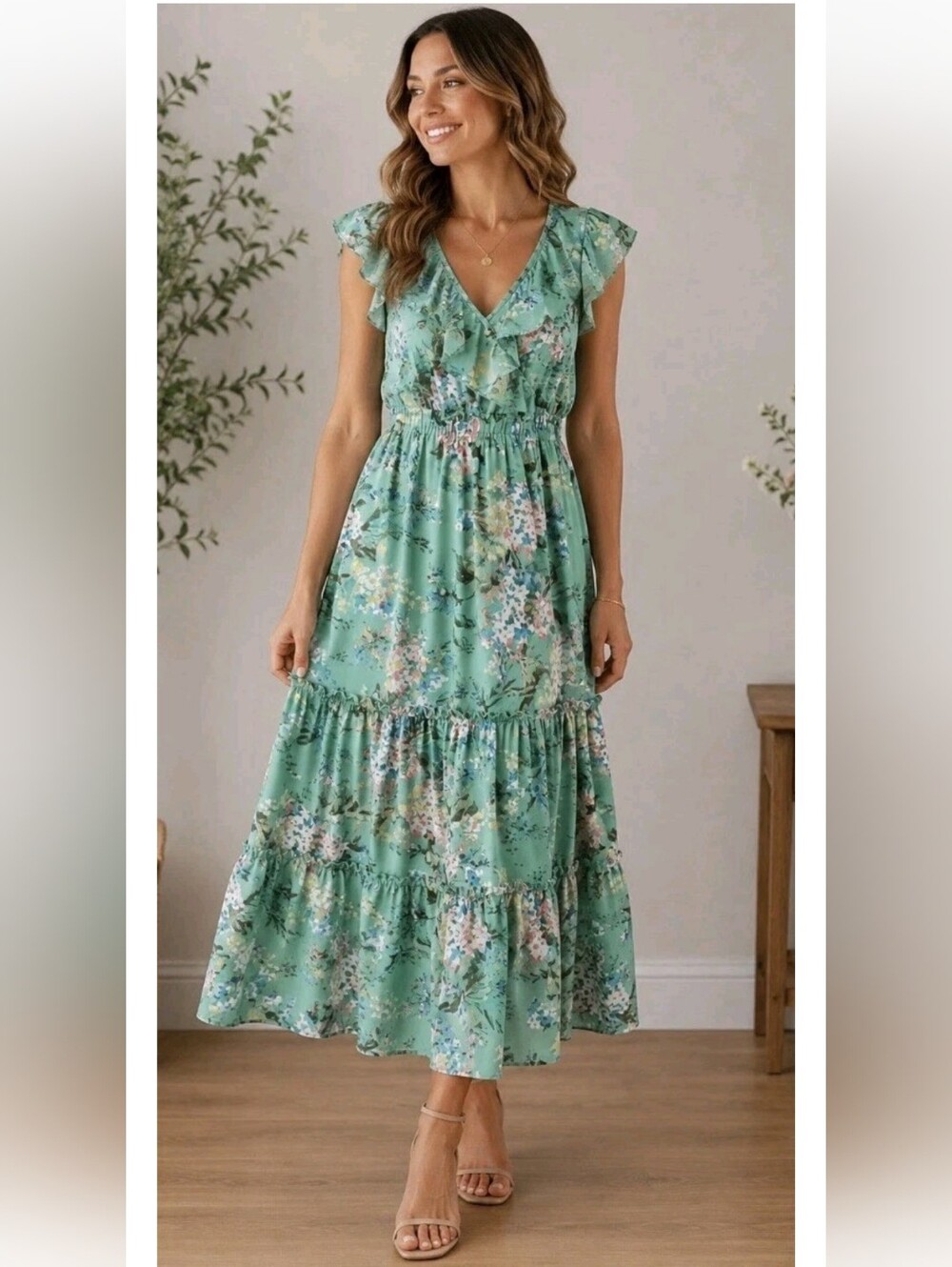 Nwot Largw LC Lauren Conrad Mint Green Floral Ruffle Midi Dress